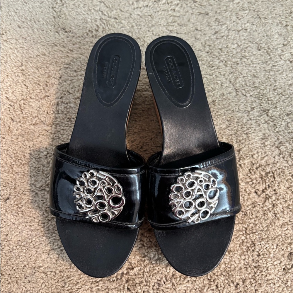 Coach Black Slide Sandals with Cork Heel